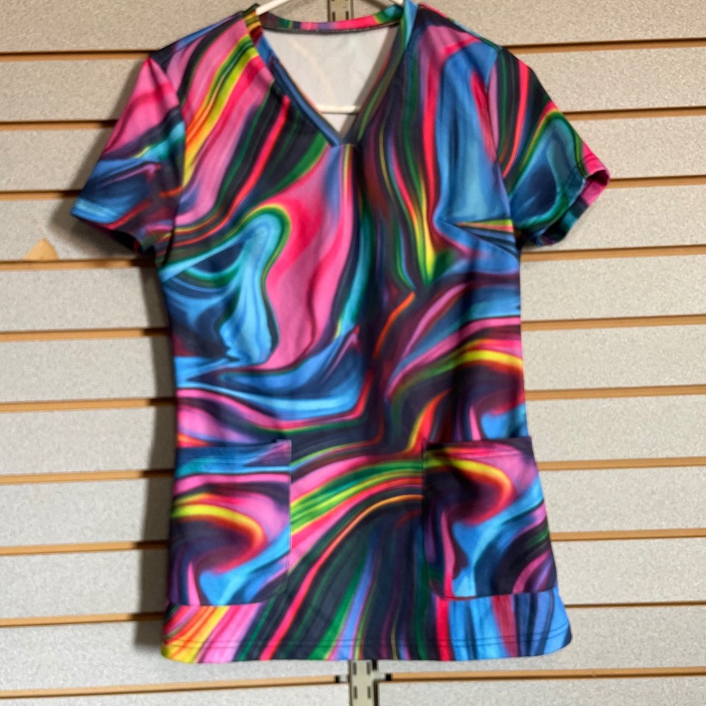 Psychedelic Marble Swirl Neon Rainbow‎ V-Neck Medical Scrub Top Women Small Knit